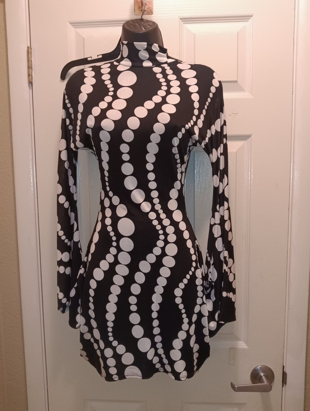 Sexy Diva Groovy Attached Bell Sleeve Black & White Dot-Stripe Mock Neck Dress